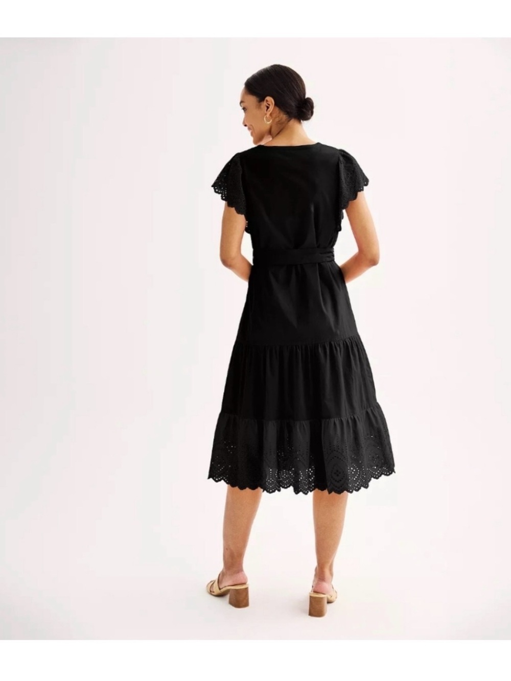 Nine West Black Eyelet-Sleeve Tiered Midi Dress - Picture 3 of 10
